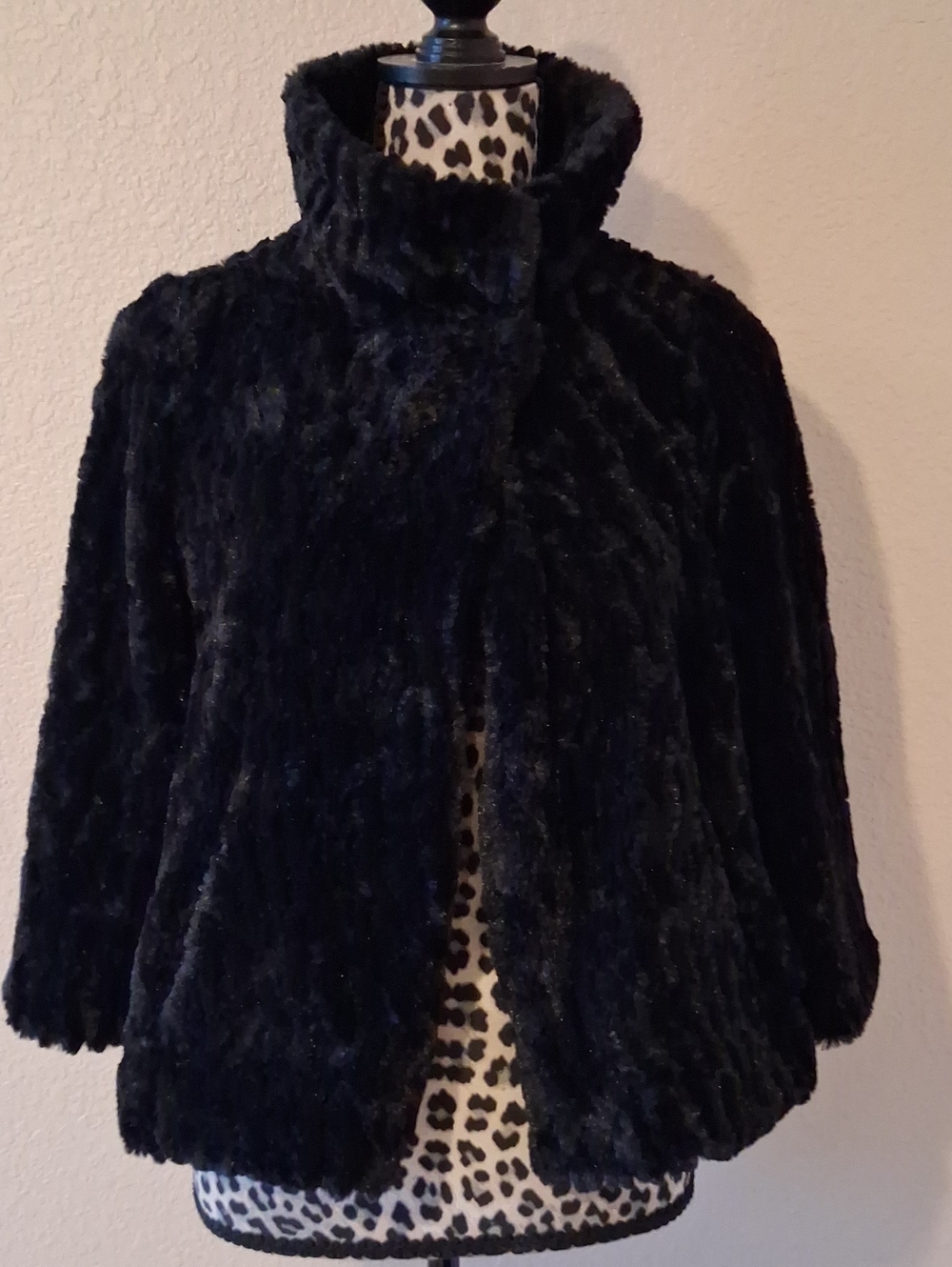 Collection Eighteen Black Plush Faux Fur Jacket. A-line 3 Button Mock Neck Snap